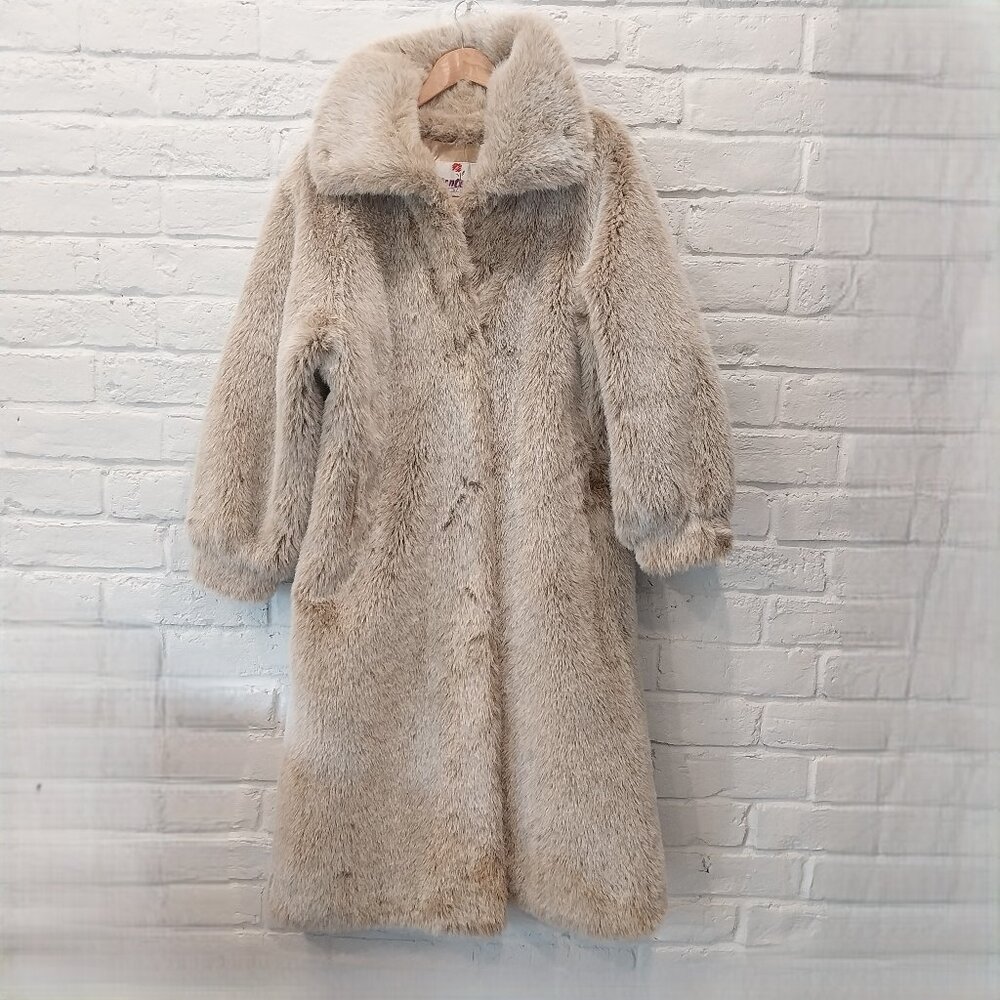 Vintage Monterey Faux Fur Full Length Long Coat Womens 14 Beige Jacket USA Made.
